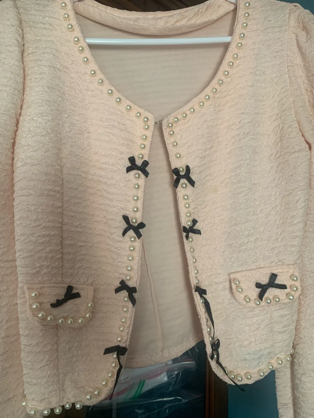 Peach Pearl-Trim Jacket with Bow Accents